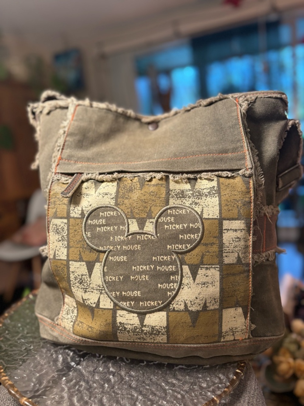 Vintage Disney Mickey Canvas Messenger Bag Olive Utility Distressed Crossbody